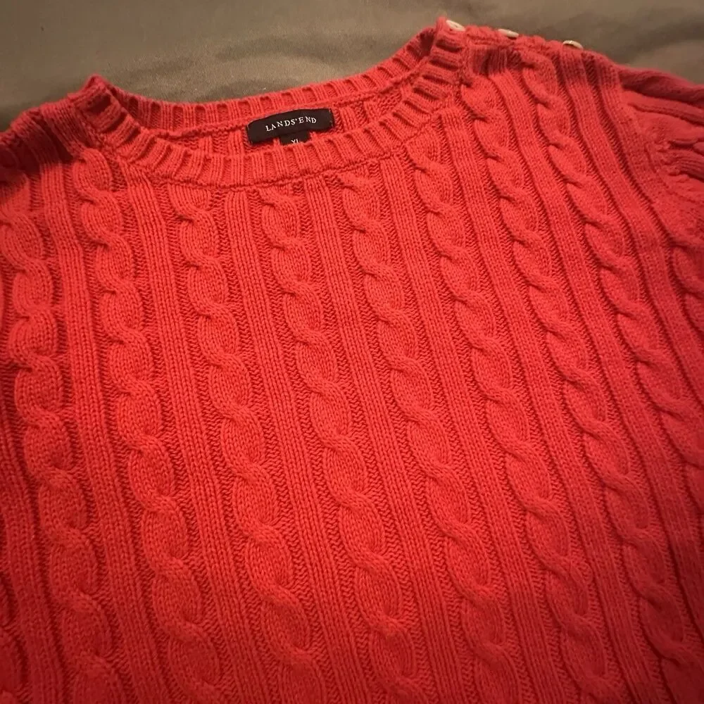 Lands End Cable Knit Sweater Cherry Red Womens XL Crewneck Shoulder Button